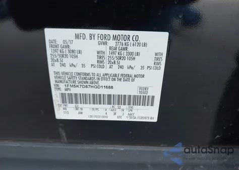 2017 Ford Explorer Xlt from USA, damaged, VIN 1FM5K7D87HGD11688